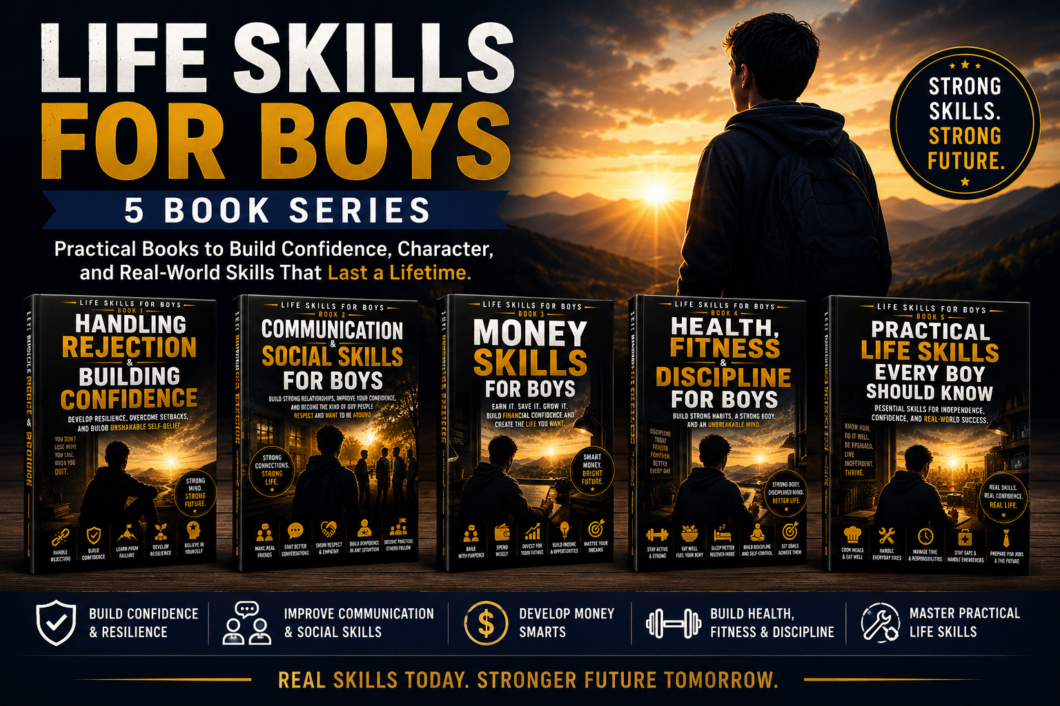 Life Skills for Boys 5-book series covering confidence, communication, money skills, health, fitness, discipline, and practical life skills.